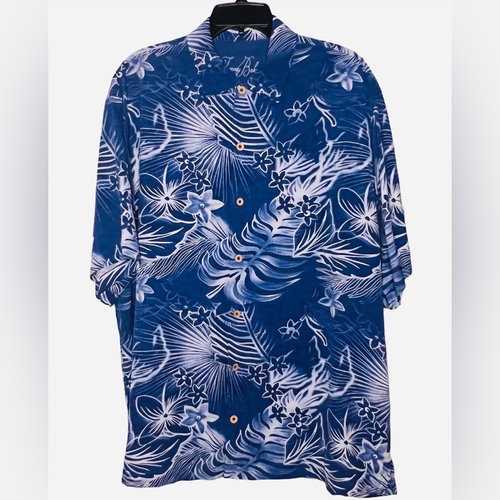 Tommy Bahama Mens blue tropical print silk button down shirt size XL